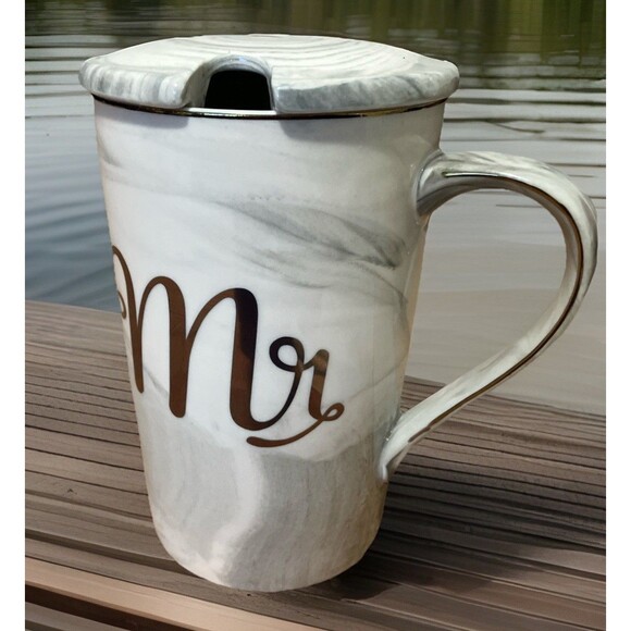 'Mens" Coffee Grey Swirl Ceramic Mug With cover And Gold Colored, HandMade !!! - Picture 1 of 16